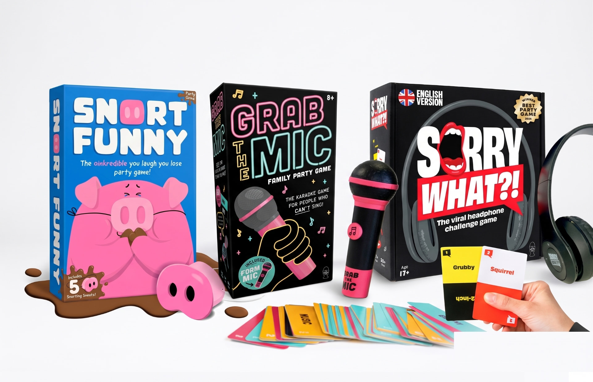 Lucky Egg party game bundle showing Grab The Mic, Snort Funny and Sorry What?!