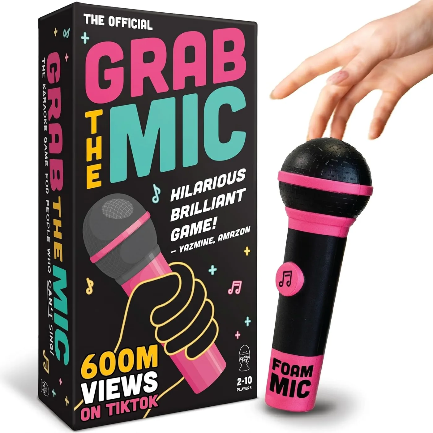 Grab The Mic karaoke party game box with pink foam microphone