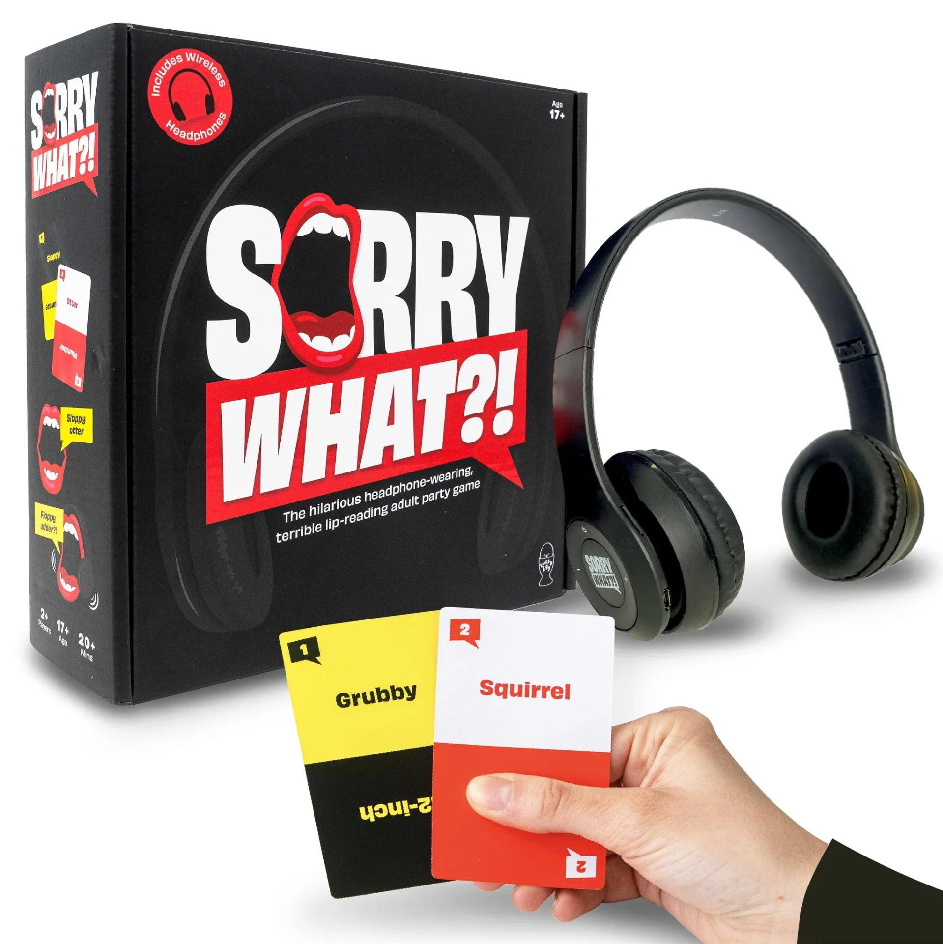 Sorry What?! lip reading party game box with headphones